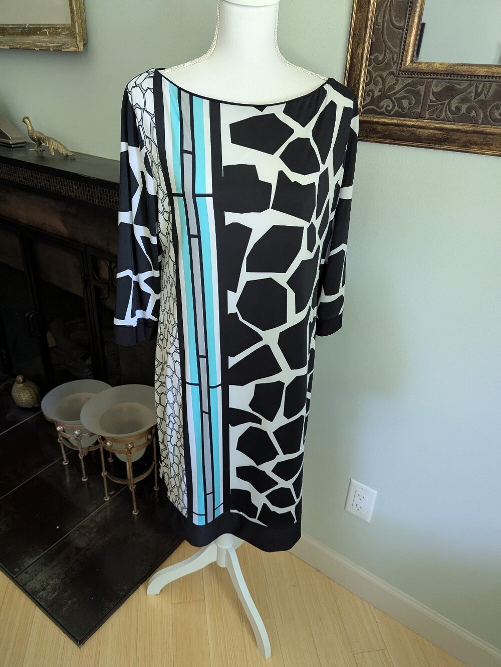 Joseph Ribkoff Size 18 Abstract Mixed Print Dress Black Blue Gray Stretch